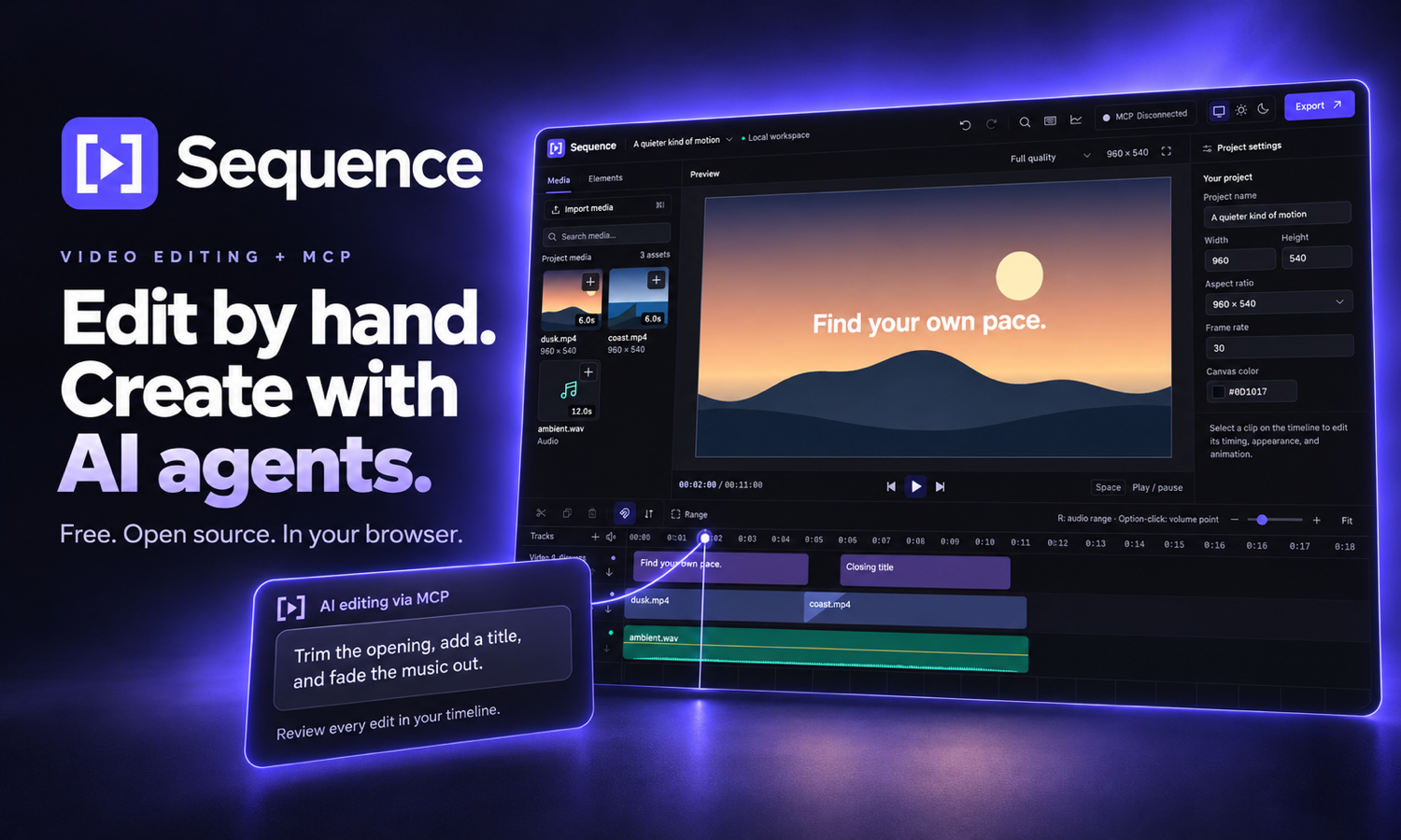 Sequence browser video editor with a multitrack timeline and AI editing through MCP